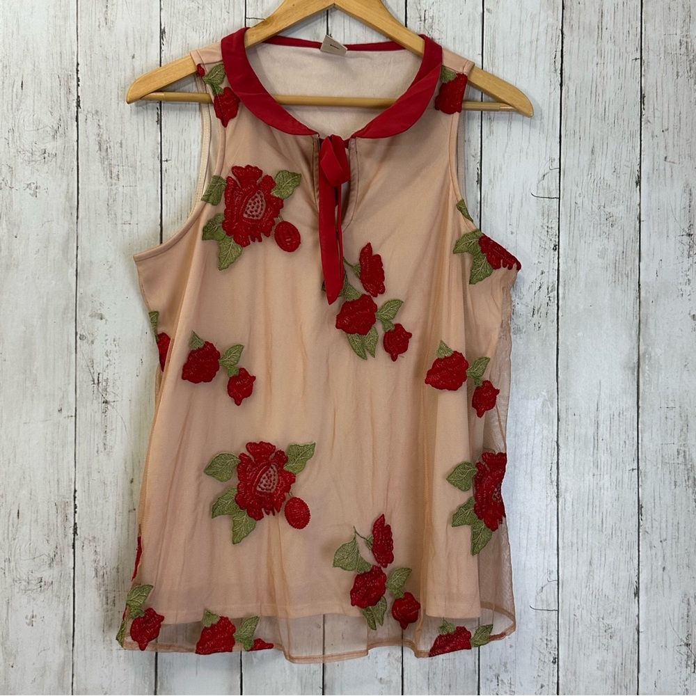 DISNEY LC LAUREN CONRAD COLLAB WOMEN'S S PEACH WITH ROSES SLEEVELESS TOP SIZE M